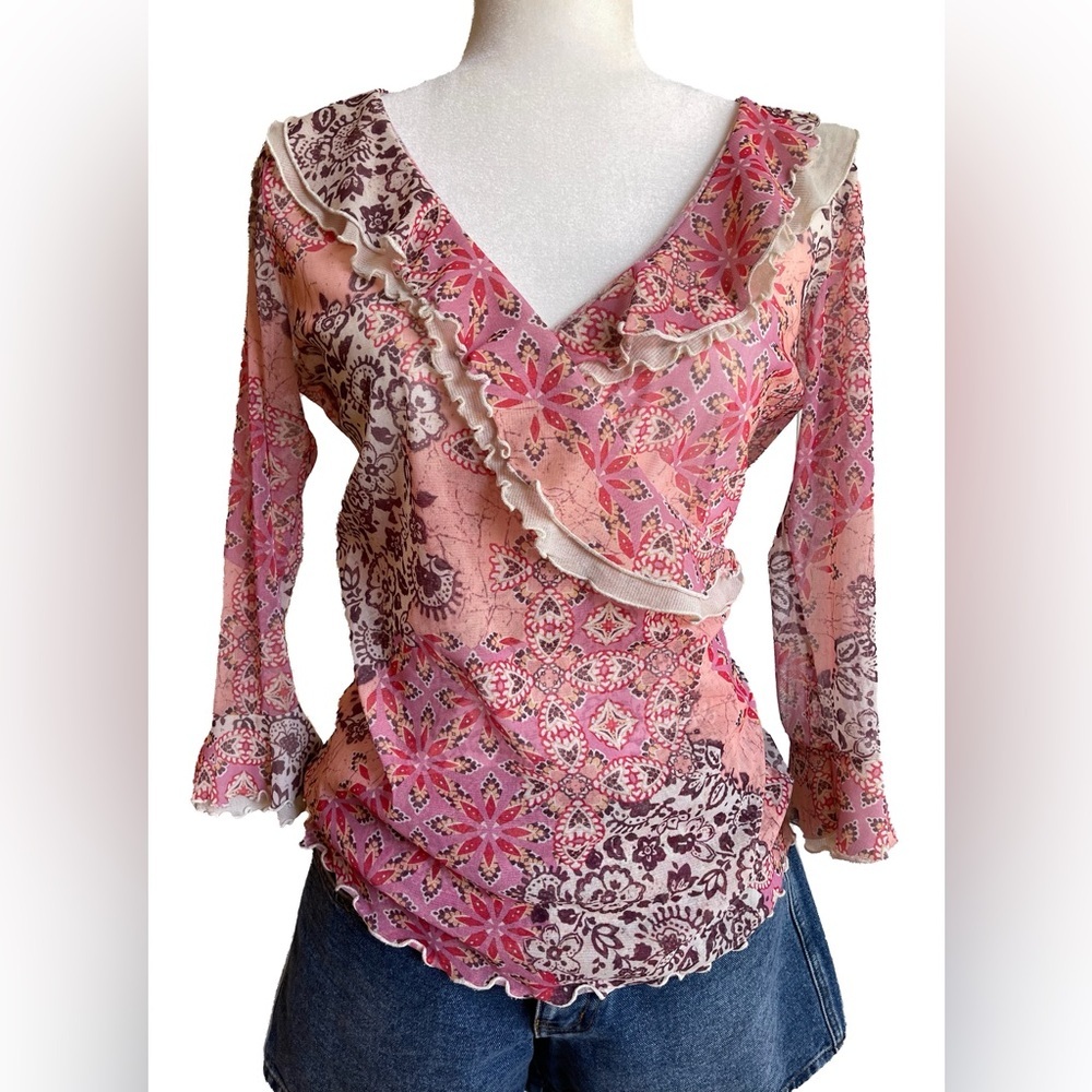 Vintage 90s Floral Ruffle V-Neck Top